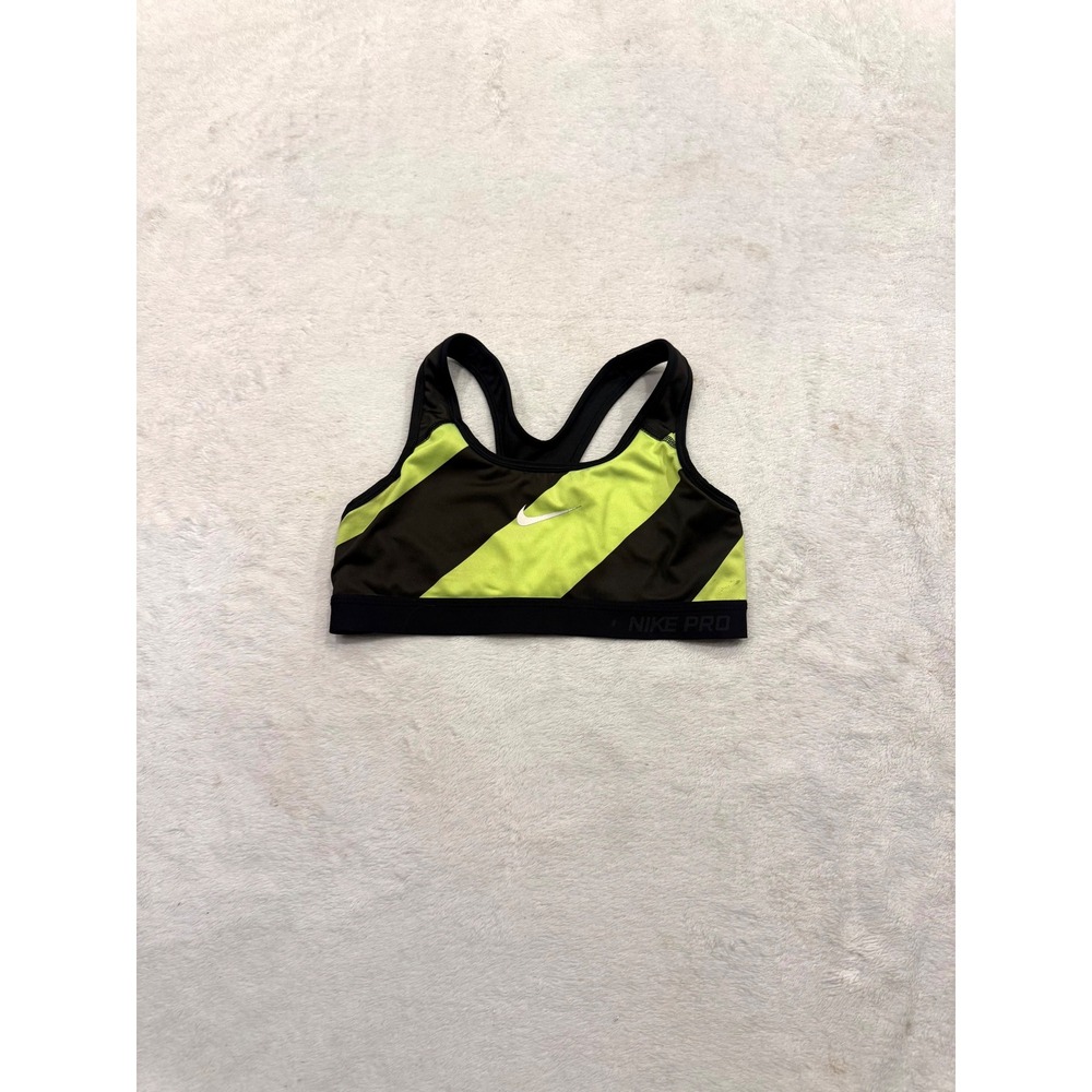 Nike Pro Dri-FIT Sports Bra Womens Small Black Neon Yellow Striped Racerback
